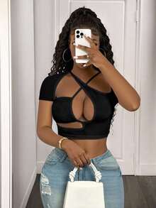 BamGleam Women Solid Color Cutout Fitted Sexy T-Shirt Club Party Black Summer - Black - View 7