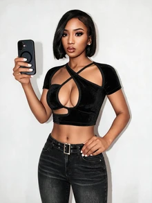 BamGleam Women Solid Color Cutout Fitted Sexy T-Shirt Club Party Black Summer - Black - View 6