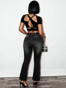 BamGleam Women Solid Color Cutout Fitted Sexy T-Shirt Club Party Black Summer - Black - View 5