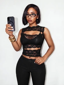 BamGleam Women's Lace Patchwork Sheer Hollow Out Sexy Top - Black - View 1