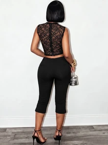 BamGleam Women's Lace Patchwork Sheer Hollow Out Sexy Top - Black - View 2
