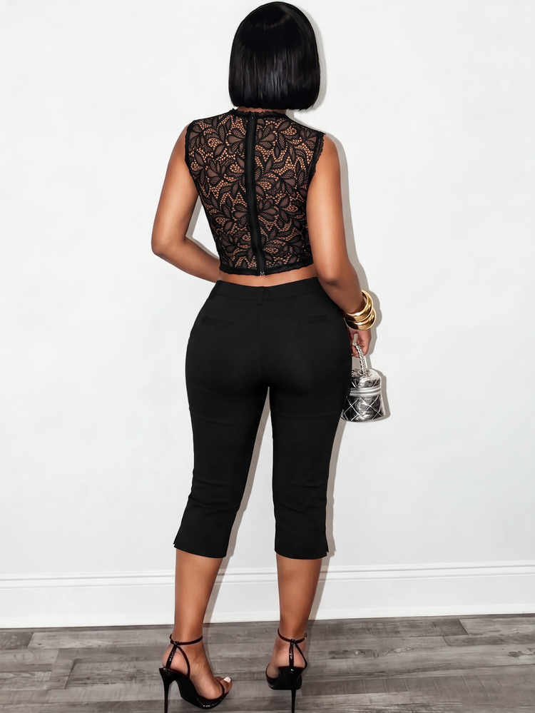 BamGleam Women's Lace Patchwork Sheer Hollow Out Sexy Top - Black - View 2
