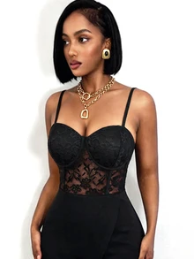 BamGleam Women's Lace Patchwork Casual Solid Color Slim Fit Jumpsuit With Spaghetti Straps - Black - View 4
