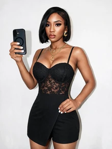 BamGleam Women's Lace Patchwork Casual Solid Color Slim Fit Jumpsuit With Spaghetti Straps - Black - View 5