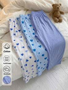 SHEIN بنطلون طويل قطني 3 قطع أزرق سادة & بنمط قلب مخطط & بنمط قلب منقط ملابس منزلية - الأزرق - مشاهدة 1