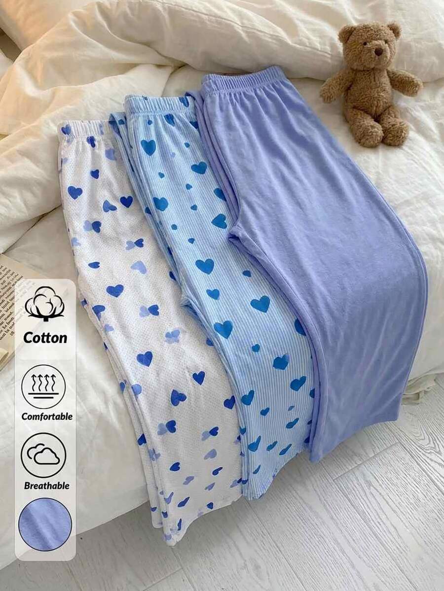 SHEIN بنطلون طويل قطني 3 قطع أزرق سادة & بنمط قلب مخطط & بنمط قلب منقط ملابس منزلية - الأزرق - مشاهدة 1