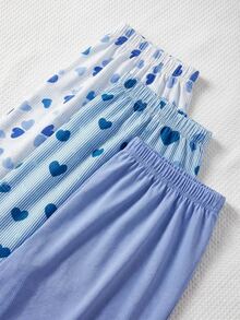 SHEIN بنطلون طويل قطني 3 قطع أزرق سادة & بنمط قلب مخطط & بنمط قلب منقط ملابس منزلية - الأزرق - مشاهدة 2