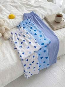 SHEIN بنطلون طويل قطني 3 قطع أزرق سادة & بنمط قلب مخطط & بنمط قلب منقط ملابس منزلية - الأزرق - مشاهدة 5