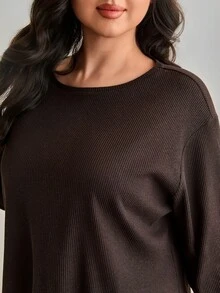 SHEIN تي شيرت كاجوال أساسي بأكمام طويلة وأكتاف منسدلة من القطن 100% محبوك بأضلاع بلون بني سادة مقاس كبير مع بنطال طويل للاسترخاء والمناسبات الرسمية لفصل الربيع - شوكولاته بني - مشاهدة 5