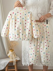 SHEIN 女童小女孩針織人造毛立領圓點休閒衛衣與長秋季長褲2件套 - 彩色 - 查看 5