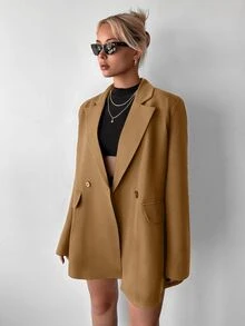 SHEIN جاكيت بدلة نسائي مقاس كبير بلون جملي سادة، كاجوال بصفين أزرار وياقة بدلة تقليدية، بسيط للعمل والمكتب والبرانش، مناسب ليوم المعلم وفصل الربيع - بني فاتح - مشاهدة 4