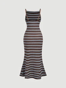 SHEIN MOD 女款夏季休閒條紋細肩帶洋裝 - 棕色 - 查看 6