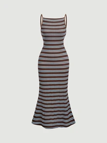 SHEIN MOD 女款夏季休閒條紋細肩帶洋裝 - 棕色 - 查看 5