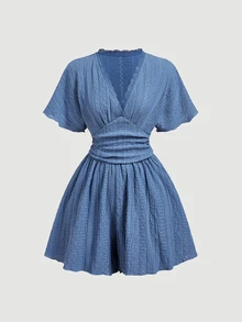SHEIN MOD Women's Summer Casual Solid Color Textured Romper - Blue - View 7