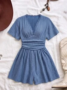 SHEIN MOD Women's Summer Casual Solid Color Textured Romper - Blue - View 5