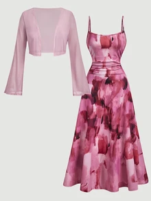 SHEIN MOD Women's Solid Color Long Sleeve Open Front Top And All-Over Print Pleated Cami Dress 2-Piece Set - Hot Pink - View 9