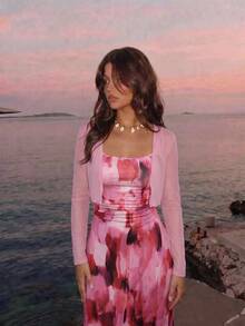 SHEIN MOD Women's Solid Color Long Sleeve Open Front Top And All-Over Print Pleated Cami Dress 2-Piece Set - Hot Pink - View 2