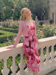 SHEIN MOD Women's Solid Color Long Sleeve Open Front Top And All-Over Print Pleated Cami Dress 2-Piece Set - Hot Pink - View 3