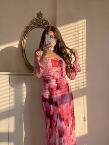 SHEIN MOD Women's Solid Color Long Sleeve Open Front Top And All-Over Print Pleated Cami Dress 2-Piece Set - Hot Pink - View 1