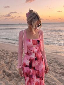 SHEIN MOD Women's Solid Color Long Sleeve Open Front Top And All-Over Print Pleated Cami Dress 2-Piece Set - Hot Pink - View 4