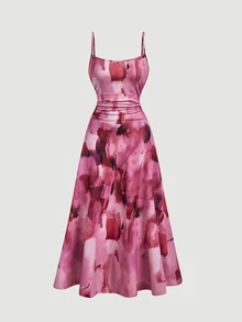SHEIN MOD Women's Solid Color Long Sleeve Open Front Top And All-Over Print Pleated Cami Dress 2-Piece Set - Hot Pink - View 13