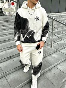 連帽長袖衛衣與長褲套裝，高品質時尚數位印花，適合青少年男孩秋季穿著，舒適極簡休閒街頭日常風格 - 彩色 - 查看 1