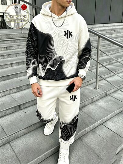 2pcs Teen Boys Hoodie & Jogger Set Active Streetwear Beige Black Abstract Streamline Print Long Sleeve Hooded Fall Winter Vintage