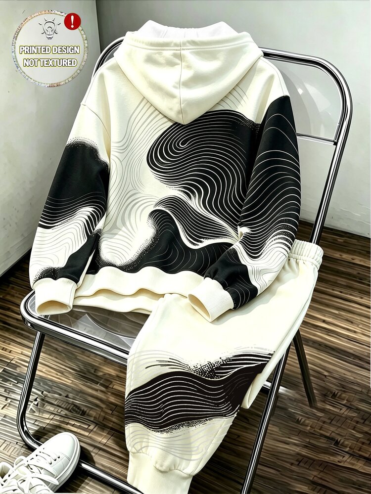 2pcs Teen Boys Hoodie & Jogger Set Active Streetwear Beige Black Abstract Streamline Print Long Sleeve Hooded Fall Winter Vintage - Multicolor - View 8