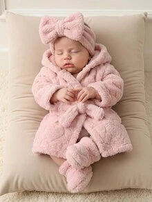 SHEIN 新生兒嬰兒毛絨長袖連帽睡袍 秋冬款 - 粉色 - 查看 6