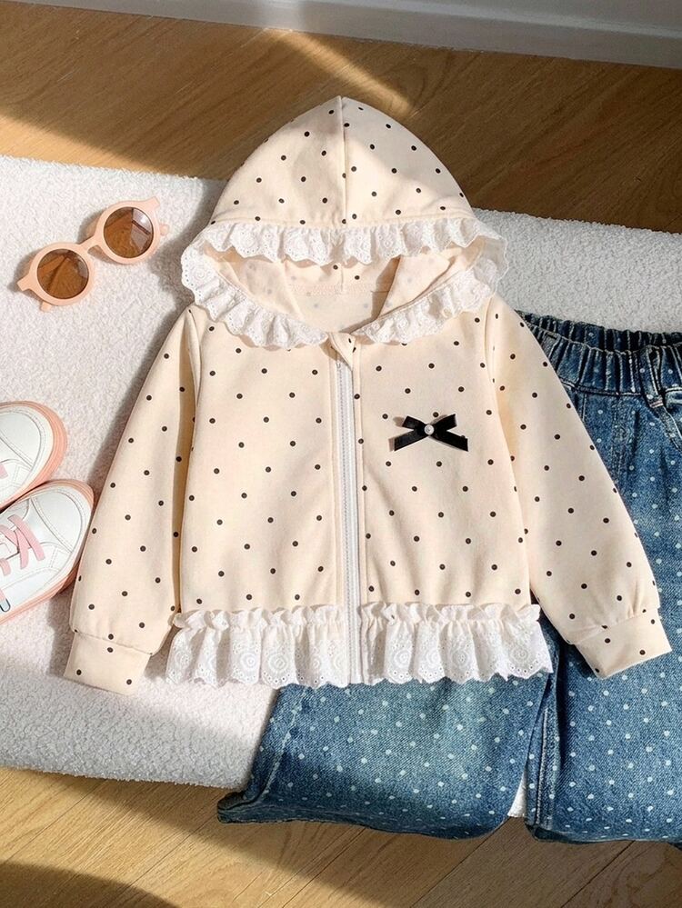 SHEIN Kids Young Girl Woven Polka Dot Peter Pan Collar Hooded Casual Jacket - Multicolor - View 3