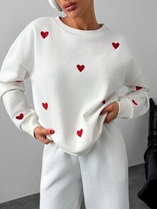 RiviMae Women's Oversized Sweatshirt, Heart Embroidered Crew Neck Pullover, Casual Fall Winter Streetwear - White - View 6