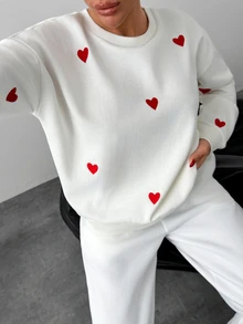 RiviMae Women's Oversized Sweatshirt, Heart Embroidered Crew Neck Pullover, Casual Fall Winter Streetwear - White - View 2