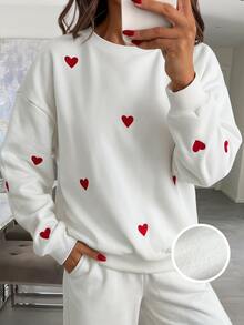 RiviMae Women's Oversized Sweatshirt, Heart Embroidered Crew Neck Pullover, Casual Fall Winter Streetwear - White - View 3