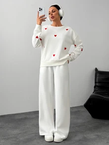 RiviMae Women's Oversized Sweatshirt, Heart Embroidered Crew Neck Pullover, Casual Fall Winter Streetwear - White - View 8