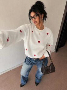 RiviMae Women's Oversized Sweatshirt, Heart Embroidered Crew Neck Pullover, Casual Fall Winter Streetwear - White - View 1