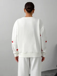 RiviMae Women's Oversized Sweatshirt, Heart Embroidered Crew Neck Pullover, Casual Fall Winter Streetwear - White - View 9