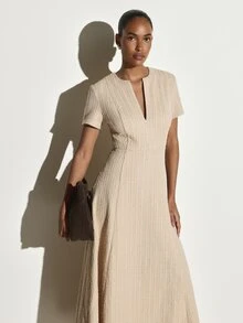 KSTM Knit Fit And Flare Maxi Dress With Notch Neck Short Sleeves Cinched Waist Vertical Stripe Texture For Wedding Guest Evening - Khaki - View 2