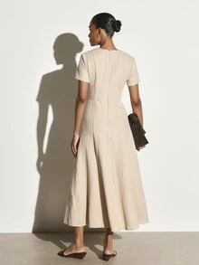 KSTM Knit Fit And Flare Maxi Dress With Notch Neck Short Sleeves Cinched Waist Vertical Stripe Texture For Wedding Guest Evening - Khaki - View 4