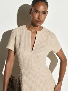 KSTM Knit Fit And Flare Maxi Dress With Notch Neck Short Sleeves Cinched Waist Vertical Stripe Texture For Wedding Guest Evening - Khaki - View 3