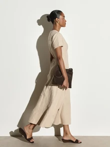 KSTM Knit Fit And Flare Maxi Dress With Notch Neck Short Sleeves Cinched Waist Vertical Stripe Texture For Wedding Guest Evening - Khaki - View 5