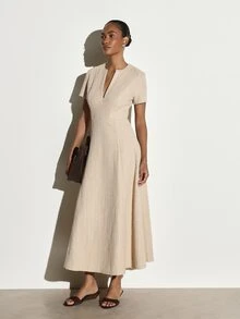 KSTM Knit Fit And Flare Maxi Dress With Notch Neck Short Sleeves Cinched Waist Vertical Stripe Texture For Wedding Guest Evening - Khaki - View 1