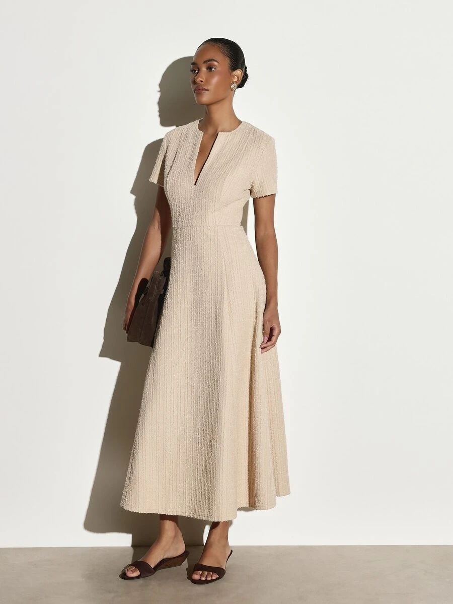 KSTM Knit Fit And Flare Maxi Dress With Notch Neck Short Sleeves Cinched Waist Vertical Stripe Texture For Wedding Guest Evening - Khaki - View 1