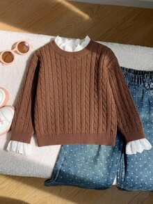 SHEIN Kids Young Girl Solid Color Knit Round Neck Patchwork Ruffle Hem Casual Sweater - Multicolor - View 3