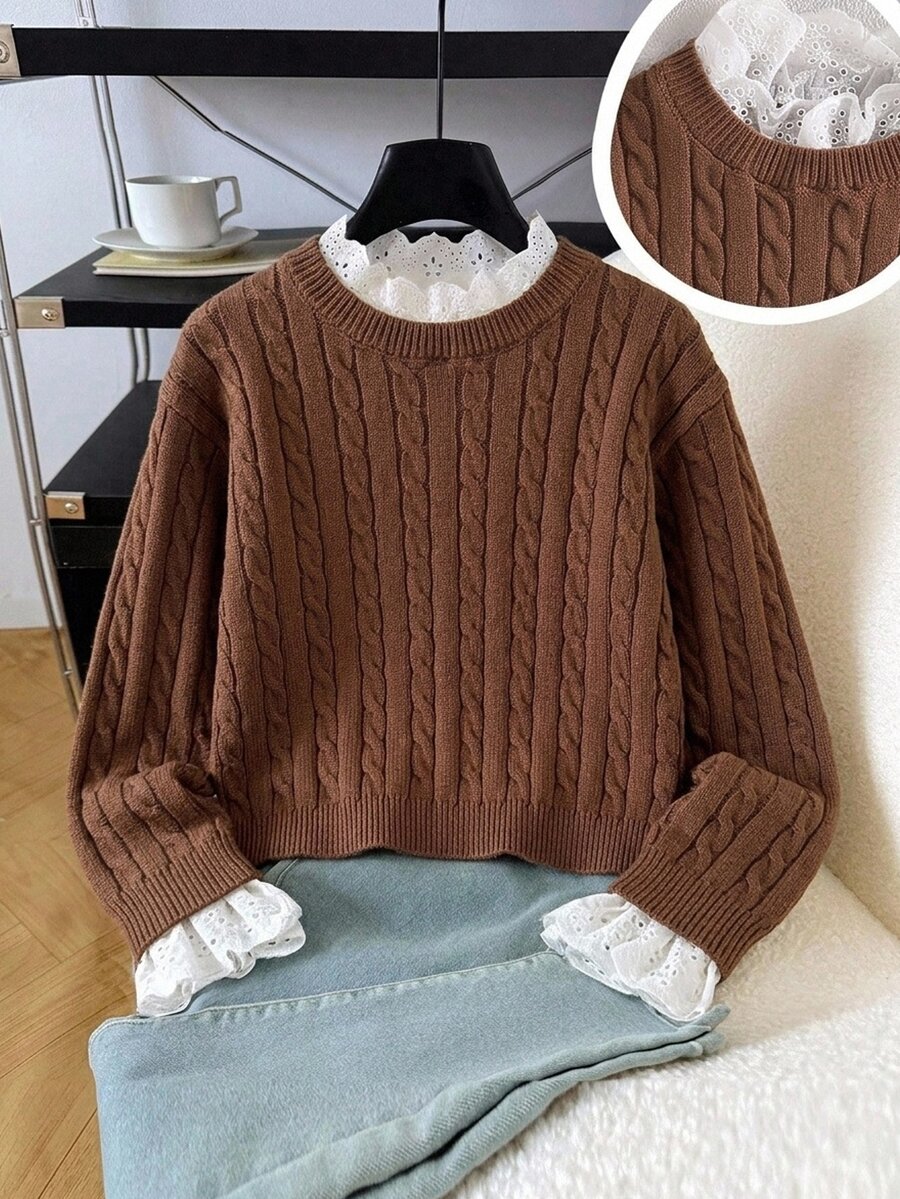 SHEIN Kids Young Girl Solid Color Knit Round Neck Patchwork Ruffle Hem Casual Sweater - Multicolor - View 1
