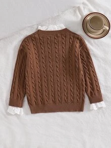 SHEIN Kids Young Girl Solid Color Knit Round Neck Patchwork Ruffle Hem Casual Sweater - Multicolor - View 5