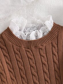 SHEIN Kids Young Girl Solid Color Knit Round Neck Patchwork Ruffle Hem Casual Sweater - Multicolor - View 7