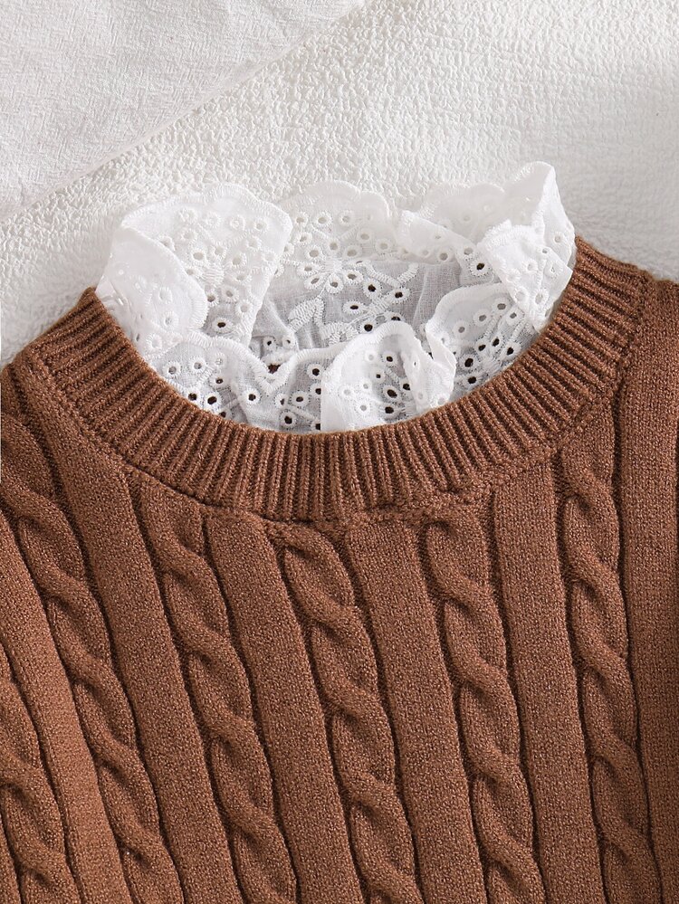 SHEIN Kids Young Girl Solid Color Knit Round Neck Patchwork Ruffle Hem Casual Sweater - Multicolor - View 7