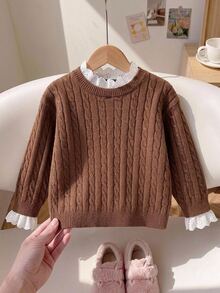 SHEIN Kids Young Girl Solid Color Knit Round Neck Patchwork Ruffle Hem Casual Sweater - Multicolor - View 4