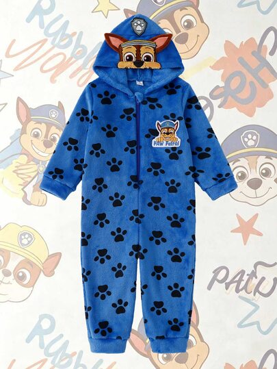 SHEIN | PAW Patrol 1pc Autumn/Winter Young Boy Cute Dog Paw Print & Dog Embroidery Co-Branded Soft Comfortable Double-Sided Flannel Thermal Lined Hooded Zip-Up Long Sleeve Long Pants One-Piece Loungewear