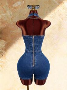 Amplova Women's Metal Decor Pleated Casual Daily Halter Neck Denim Jumpsuit, Casual, Beach Wear For Women, Holiday Outfits, Casual, Sexy, Summer Outfits. Fall - Blue - View 3
